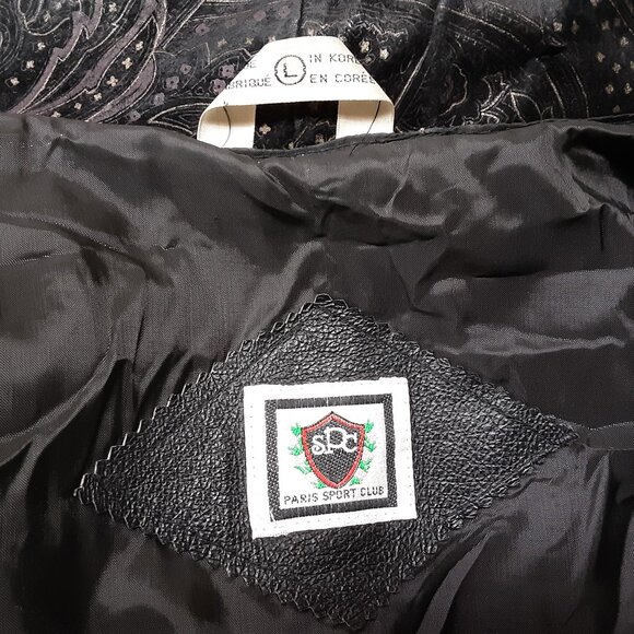 Vintage 1980s Paris Sport Club Paisley Leather Suede Jacket Womens L Black Korea - Picture 5 of 6